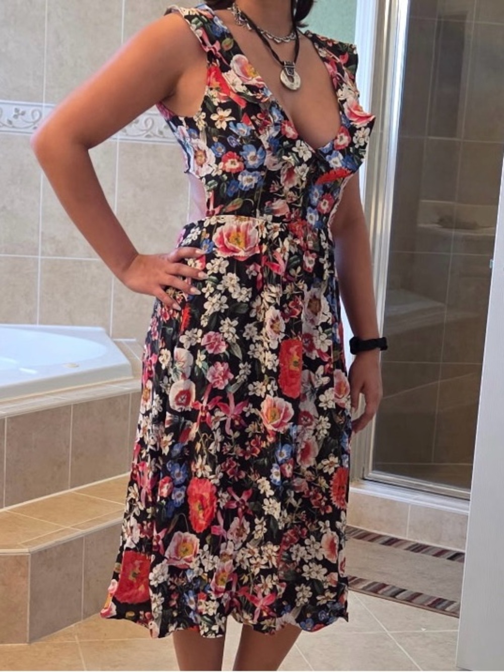 Zara Black Floral Ruffle-Trim Midi Dress